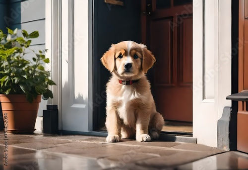 golden retriever puppy sitting on the door © iram