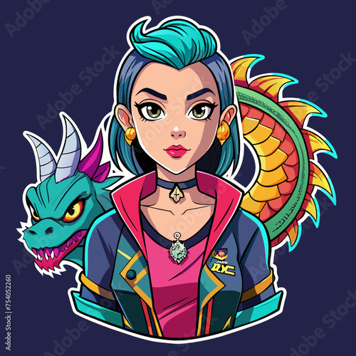 Fire Breathing Fashion Attitude Meets Fantasy- tshirt sticker merging a fashionable girl with a dragon motif  blending attitude with fantasy for a trendy look