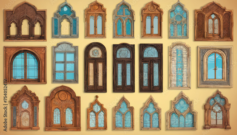 a set of different shapes and sizes of windows, decorative panels, islamic interior design, decorative ornament, ornamental edges, minarats, large motifs, art deco motifs, detailed ornaments, graphic