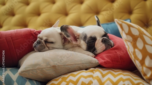 Catch the adorable moment as a tiny French bulldog puppy curls up into the prettiest little sleep among a pile of plush, giant cushions.  photo