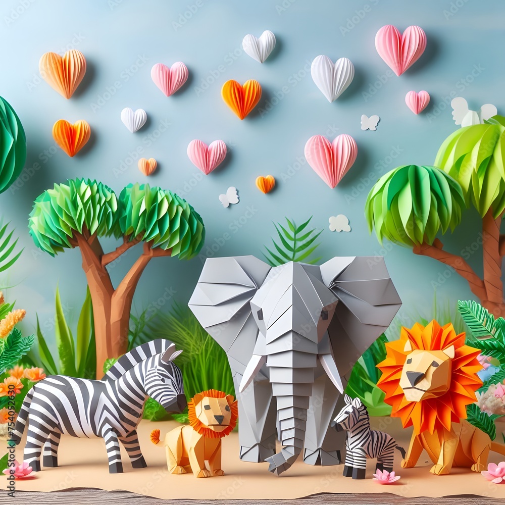 Naklejka premium Origami paper animals: elephant, zebra, lion in lush green nature setting. Wildlife art concept with hearts