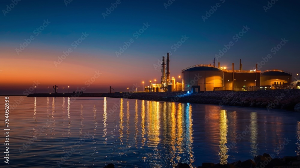 A desalination plant at sunset its lights reflecting off the calm sea waters.