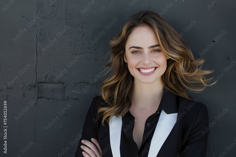 An embodiment of beauty, a professional model exudes charm in bright business attire, her smile infectious against a solid background. An embodiment of beauty, a professional model exudes charm in bright business attire, her smile infectious against a solid background.