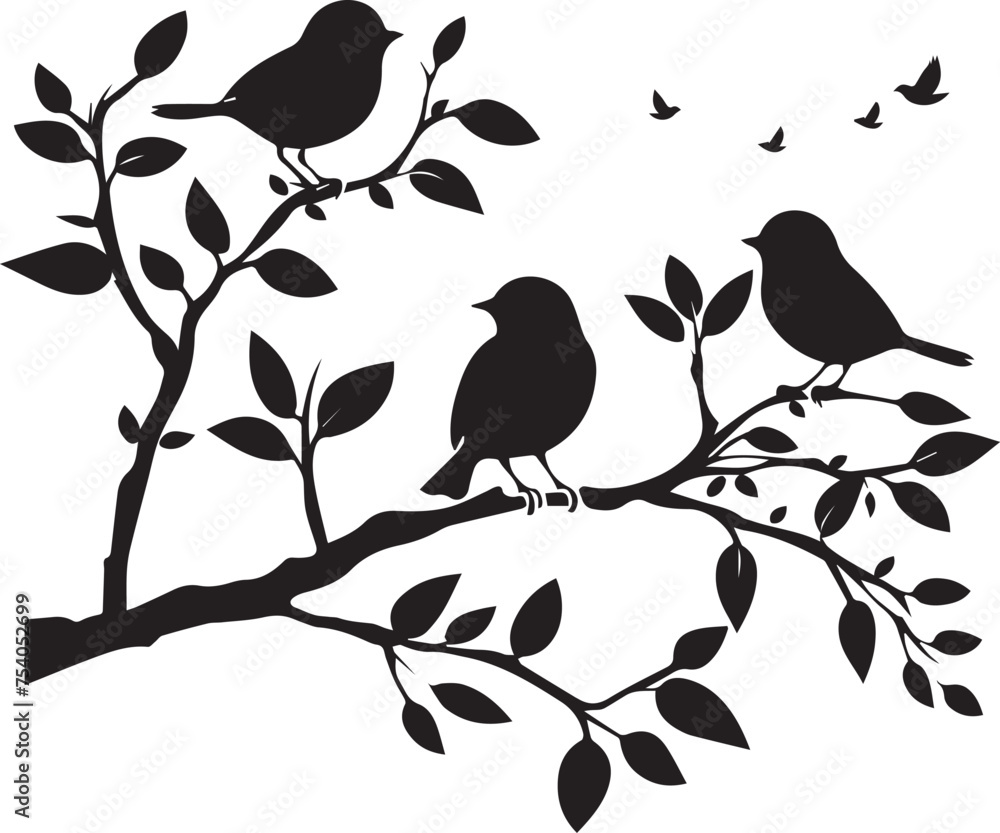 Set of Birds on a Tree branch black silhouette isolated white background Set of Birds on a Tree branch black silhouette isolated white background