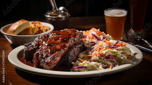 Barbecue Bliss: Succulent Ribs with Tangy Sauce, Cornbread, and Coleslaw