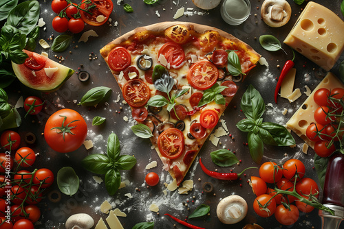 A slice of pizza with tomatoes and basil on top of a plate. The plate is surrounded by a variety of tomatoes, some of which are sliced and others whole. 