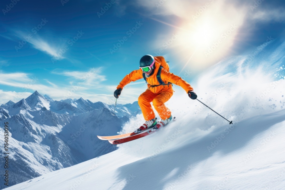 A man Skier enjoying snowy mountain slopes amidst thrilling winter sports action