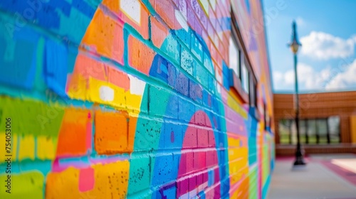 A closeup of a vibrant mural painted on the brick exterior of an old school building. The painting depicts a timeline of important events in education from the past to the