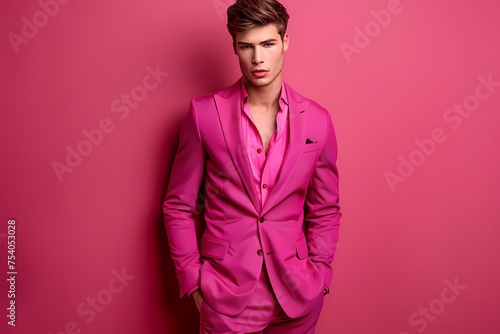 An incredibly handsome male model dressed in a sharp fuchsia suit, radiating confidence and cuteness against a solid ruby background.