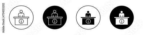 Help Desk Information Icon Set. Reception info counter vector symbol in a black filled and outlined style. Assistance Spot Sign.