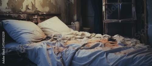 An unmade bed with rumpled sheets and a crumpled pillow sits in the center of a dilapidated room. The room is cluttered and unkempt, with peeling paint on the walls and dust gathering on the floor.
