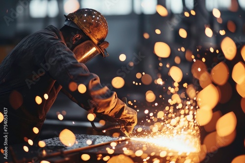 A worker is grinding metal in a factory workshop, showing industrial processes in action.
