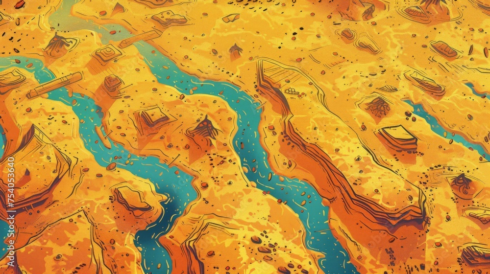 Background Texture Pattern Cel-Shaded Desert Wasteland - Vibrant color palette sandy yellows, rusty oranges, and deep blues - Outlines shading dynamic comic book created with Generative AI Technology