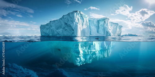 Minimalistic image of an iceberg in the ocean with a view under and above the water with a copy .  © ALI