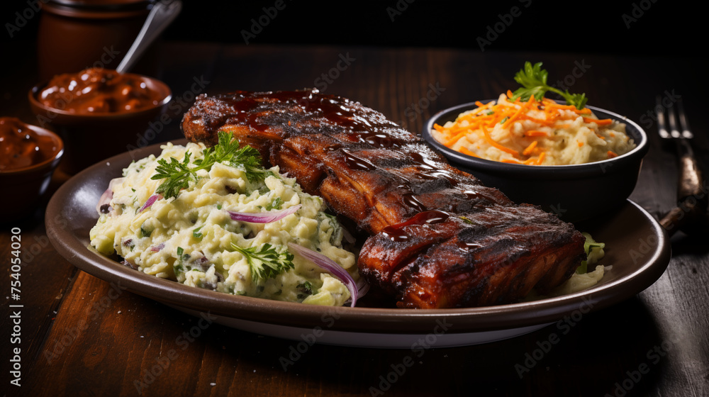 BBQ Feast: Juicy Ribs with Tangy Sauce, Cornbread, and Fresh Coleslaw BBQ Feast: Juicy Ribs with Tangy Sauce, Cornbread, and Fresh Coleslaw