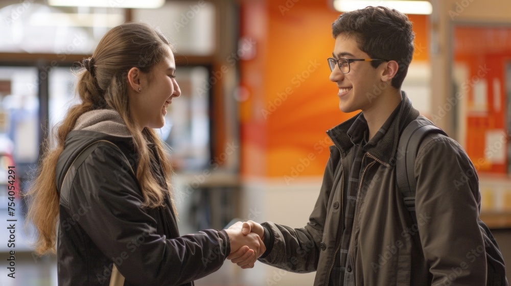 A zoomedin shot of two students shaking hands after a heated debate showing sportsmanship and respect for each others arguments. Their relieved and satisfied smiles suggest A zoomedin shot of two students shaking hands after a heated debate showing sportsmanship and respect for each others arguments. Their relieved and satisfied smiles suggest