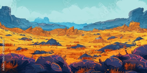 Background Texture Pattern Cel-Shaded Desert Wasteland - Vibrant color palette sandy yellows, rusty oranges, and deep blues - Outlines shading dynamic comic book created with Generative AI Technology