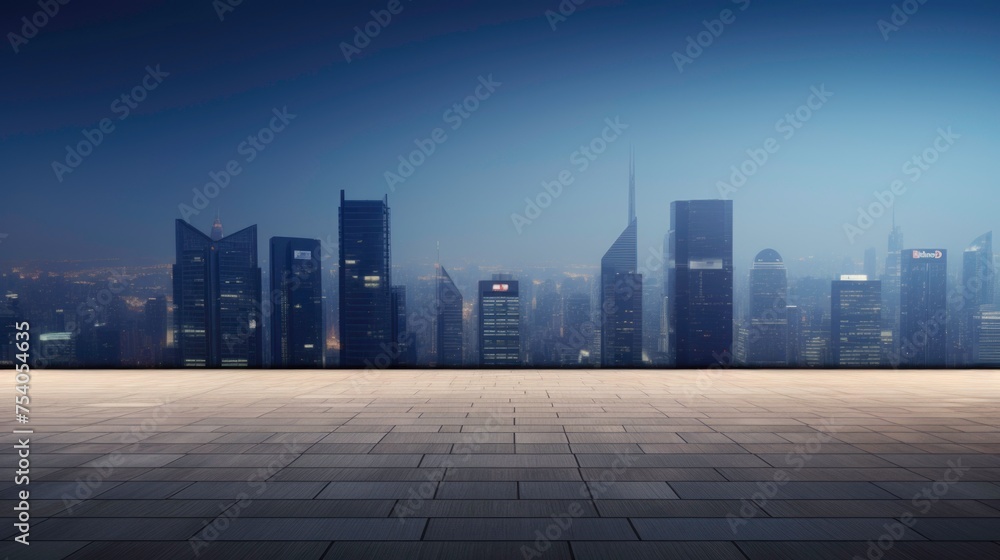 Night Skyline: Urban Cityscape with Skyscrapers and Street Lights