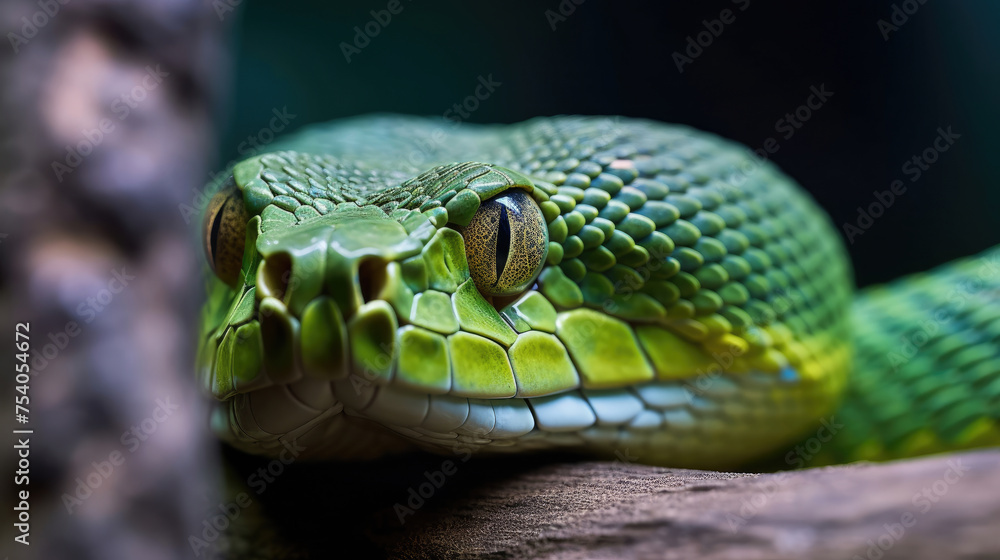 Fototapeta premium macro close-up of a green python's face with sharp eyes and detailed scales on dark background