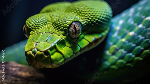 macro close-up of a green python's face with sharp eyes and detailed scales on dark background created with Generative AI Technology