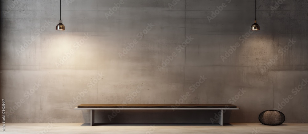 Obraz premium A concrete wall featuring a bench and two lights, creating a simple and functional outdoor seating area. The bench is positioned against the wall, while the lights illuminate the space.