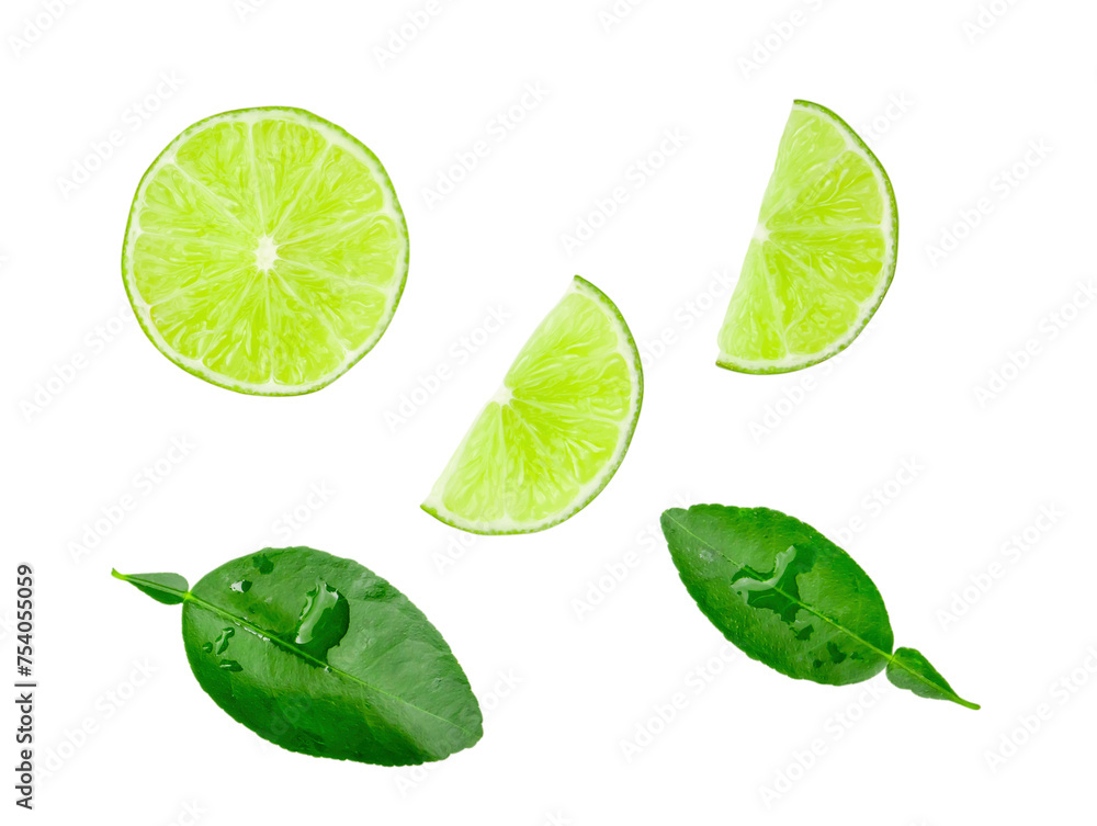 Top view of green lemon fruits and leaves with half and slices or quarters isolated on white background with clipping path