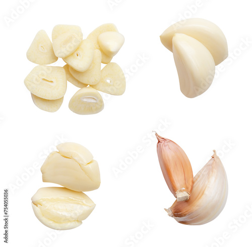 Top view set of peeled and unpeeled garlic cloves with slices in stack isolated with clipping path in png file format