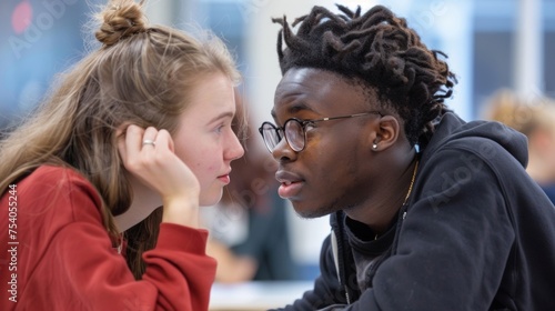Two students leaning in close to each other their faces almost touching as they engage in a passionate and animated discussion. Their intense eye contact and hand gestures