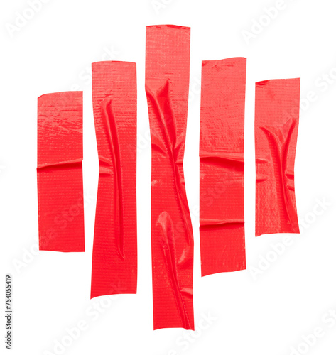 Top view set of wrinkled red adhesive vinyl tape or cloth tape in stripe shape isolated on white background with clipping path