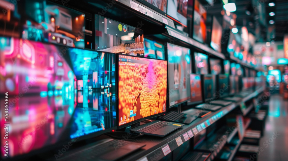 A photograph of a consumer electronics store shelf lined with various electronic displays ranging from slim laptops to large TVs. The description points out that many of these