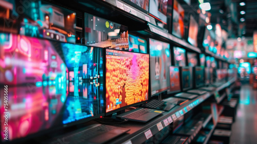 A photograph of a consumer electronics store shelf lined with various electronic displays ranging from slim laptops to large TVs. The description points out that many of these © Justlight