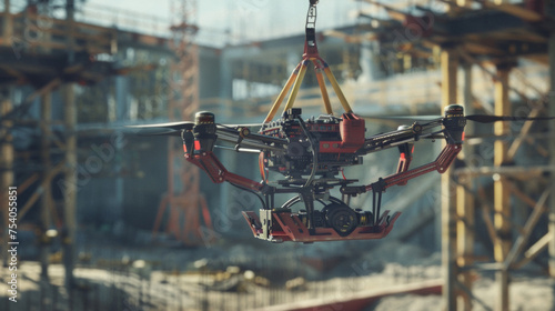 Lole view of a drone equipped with a powerful claw being used to transport building materials across a construction site. The drones capabilities save time and physical labor