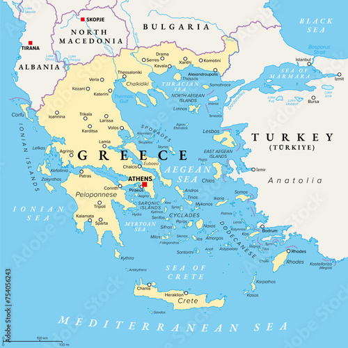 Greece, the Hellenic Republic, political map. Country in Southeast Europe on the southern tip of the Balkan peninsula, with capital Athens. Bordered by the Aegean, Ionian, and the Mediterranean Sea. photo