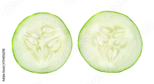 Top view set of green cucumber slices or pieces isolated with clipping path in png file format
