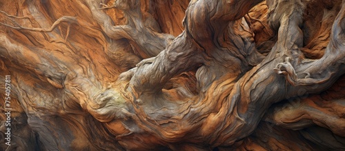 The close-up view of a tree trunk shows the intricate patterns of the bark, knots, and textures. The rough, weathered surface of the trunk creates a detailed and organic visual display. © 2rogan