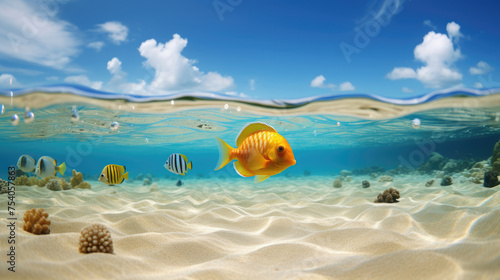 fish swimming underwater sea on sandy beach in shallow water and visible half bright blue sky created with Generative AI Technology