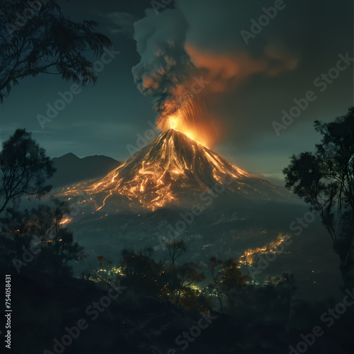 The volcano erupted releasing lava and smoke rising high into the sky. scary night atmosphere.