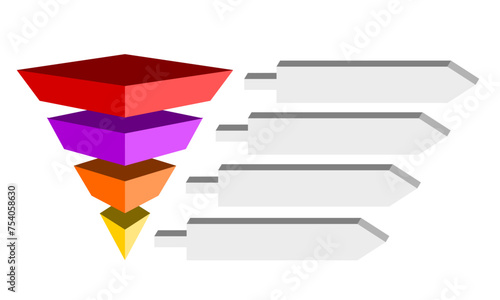 Infographic hierarchical statistical illustration of purple with orange with yellow and red triangle divided, Inverted pyramid shape four layers for presenting business ideas or disparity