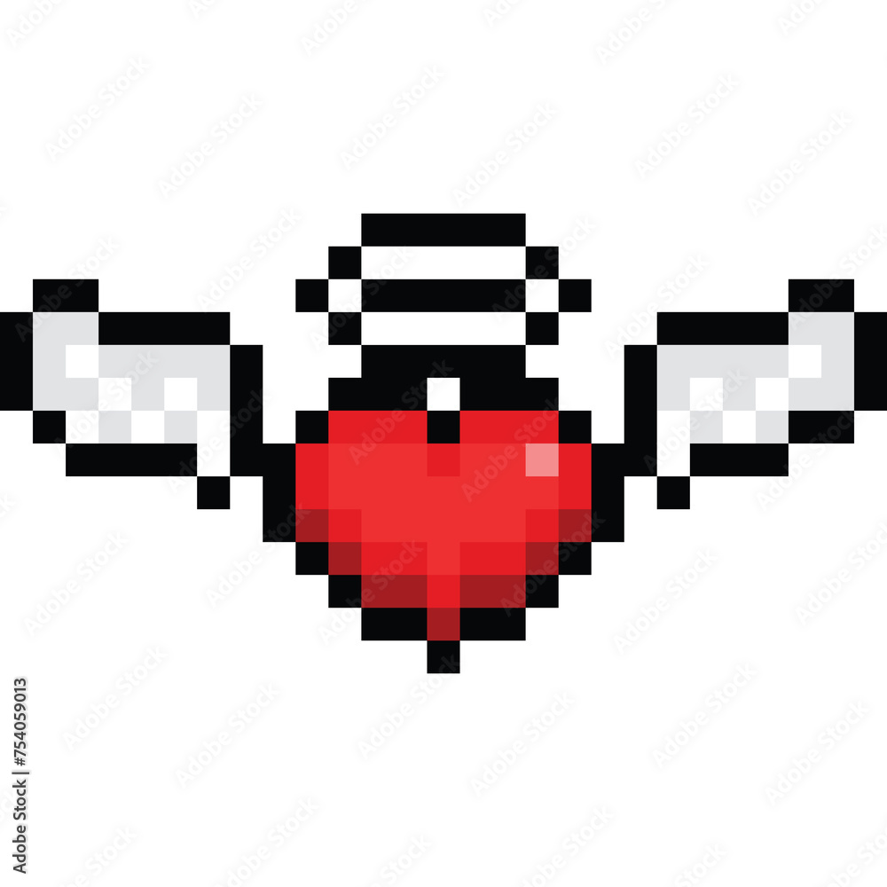 Pixel art cartoon heart with angle wings 2
