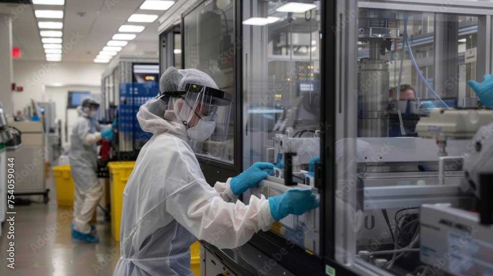 Workers in protective gear move swiftly tending to the machines with precision. Workers in protective gear move swiftly tending to the machines with precision.