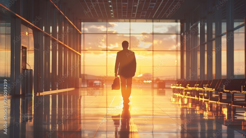 A businessman is walking with his travel bag at the airport gate, waiting for his own flight. A businessman is walking with his travel bag at the airport gate, waiting for his own flight.