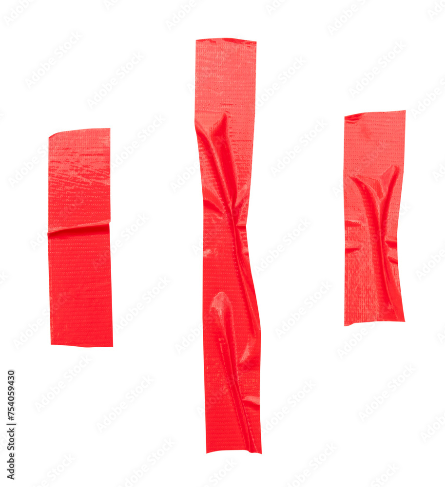Top view set of wrinkled red adhesive vinyl tape or cloth tape in stripe shape isolated with clipping path in png file format Top view set of wrinkled red adhesive vinyl tape or cloth tape in stripe shape isolated with clipping path in png file format