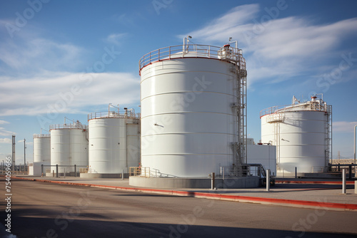 Large storage tanks are used to store raw materials in industrial facilities