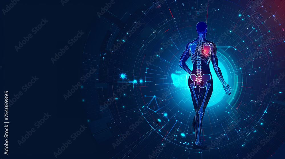 red point of pain in the back of a person .Medical banner on blue background red point of pain in the back of a person .Medical banner on blue background