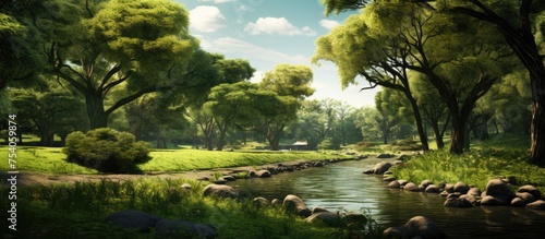 A painting depicting a river flowing through a lush green park, with vibrant green trees and a serene ambiance creating a peaceful atmosphere.