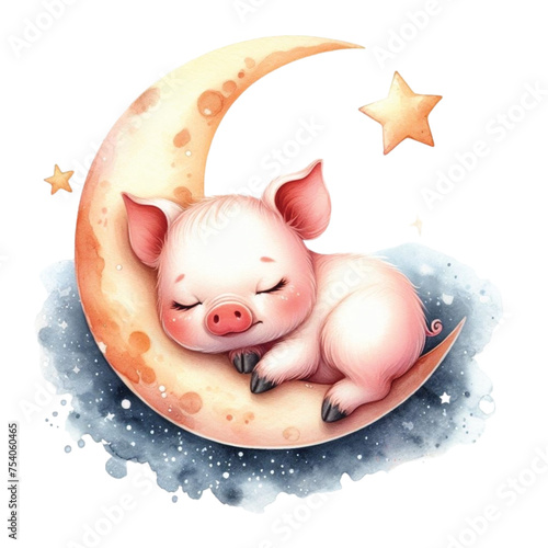 pig sleeping on the moon clipart watercolor