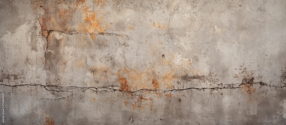 Obraz premium A close-up shot of a weathered concrete wall with a prominent crack running through it. The rough, dirty, and old surface shows signs of wear and tear.