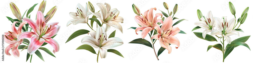 Elegant blooming lilies with buds  Hyperrealistic Highly Detailed Isolated On Transparent Background Png File - obrazy, fototapety, plakaty 