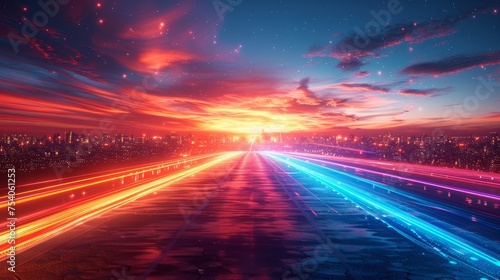 Long exposure of a road with blue and red and orange