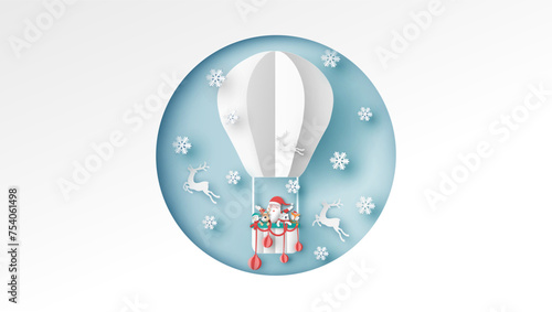 Santa Claus with snowman, reindeer, fox and polar bear flying in hot air balloon on Christmas. Merry Christmas. paper cut and craft design. vector, illustration. 